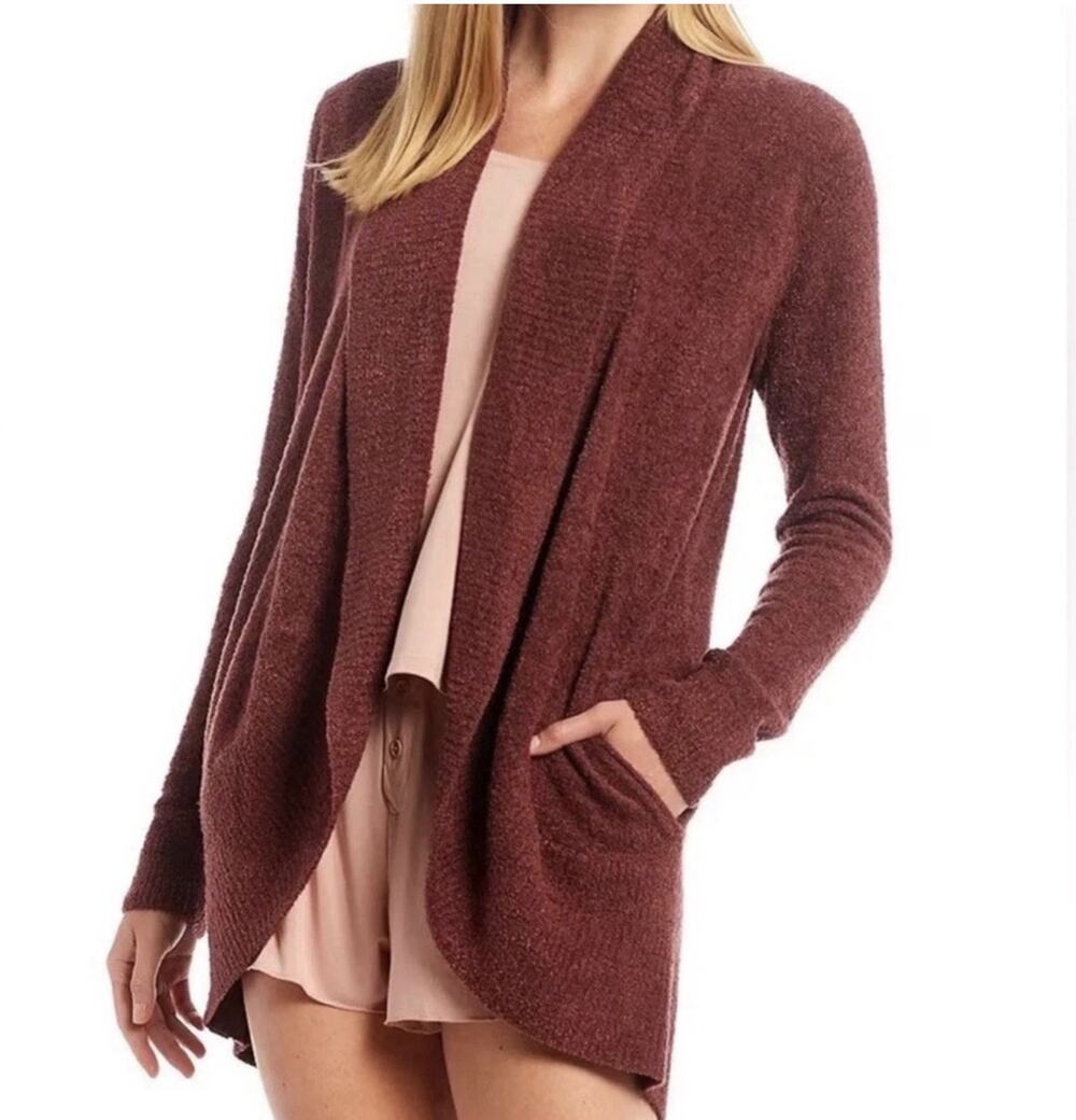 Barefoot Dreams CozyChic Lit Cardigan Womens M Burgundy Pockets Shawl Collar